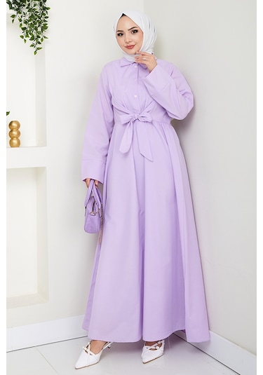 Renda Belden Bağlamalı Elbise 1467 - Lila Lila