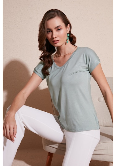 Lela V Yaka Relaxed Fit Yırtmaç Detaylı 2'Li Paket Bayan Bluz 5862000S2 Siyah-Çağla