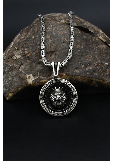 Grek Desenli Kral Taclı Aslan Figürlü 925 Ayar Gümüş Kolye Kral Zincir 2mm 901862