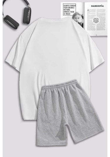 Unisex Kadın Erkek Hello Kitty Spiderman Baskılı Sevgili Çift Kombini Tasarım Oversize Tshirt V Şort Beyaz Gri Mck0284 Beyaz Gri