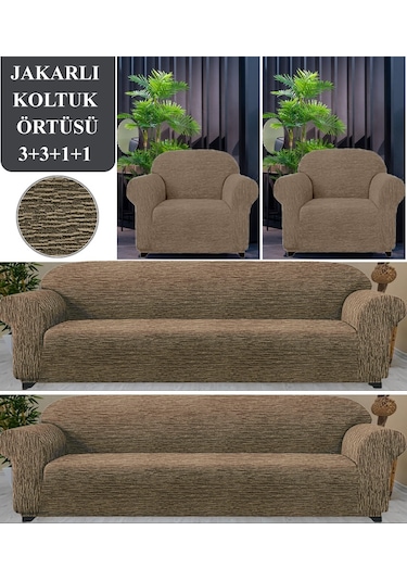 Upmall Jakarlı Koltuk Kanepe Kılıfı Çekyat Örtüsü 3+3+1+1 Kahve