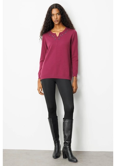 Desen Triko Kadın Sıfır Yaka Yakası Çiçek Nakış İşlemeli Bluz 25094 Mürdüm Mürdüm