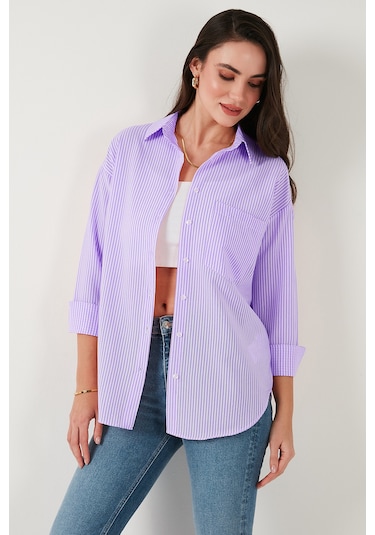 Lela Regular Fit Uzun Kollu Cepli Çizgili Bayan Gömlek 6772895 Lila