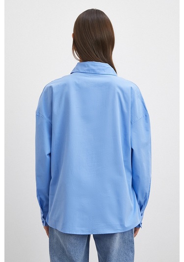 Düğme Detaylı Pamuklu Gömlek Mavi Mavi