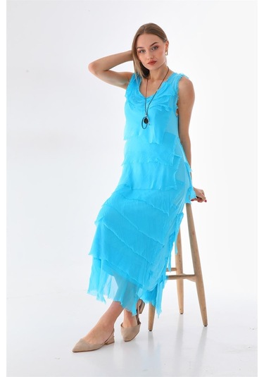 Italyan 2 Beden İnce Gösteren Kat Kat Kolsuz Ipek Elbise Turkuaz