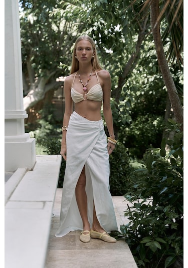 Fabriyonto Asimetrik Ekru Uzun Etek Ekru