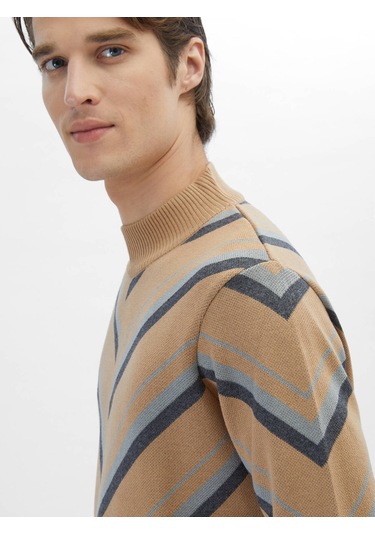 Deve Tüyü Yarım Balıkçı Yaka Desenli Pamuk Karışımlı Triko 602505 Deve Tüyü