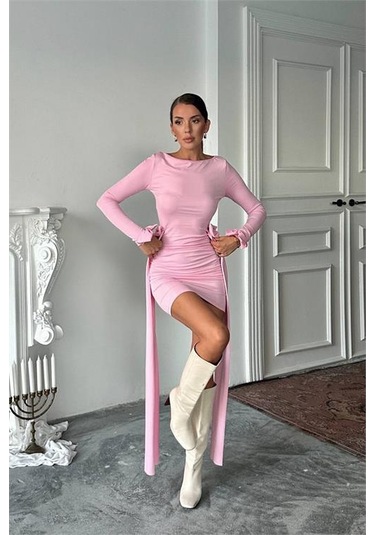 Neşeli Butik Kadın Yan Kurdele Detaylı Mini Elbise Nbdf167 Pembe
