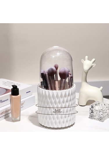 Sones Büyük Kapasiteli Döner Kozmetik Saklama Kutusu Makyaj Fırçası Saklama Tüpü Kapaklı Beyaz
