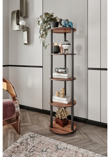Dekoratif Masivo Kitaplık 5 Katlı 34 Çap Yuvarlak Çok Amaçlı Raf Ceviz
