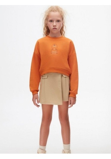 Kız Çocuk Pamuklu İki İplik Crop Sweatshirt-14706 Turuncu