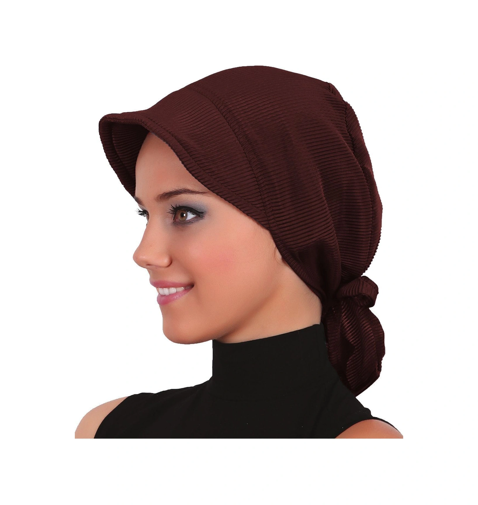 Plise Şapka Kahve Hazır Türban Tesettür Havuz Bonesi Kahve