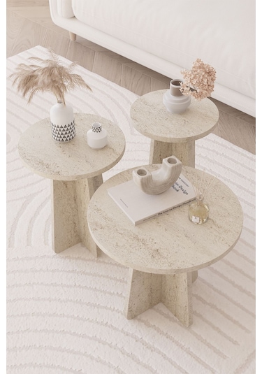 Obi Atölye Traverten Mantar İskandinav Stili Zigon Sehpa 3'lü