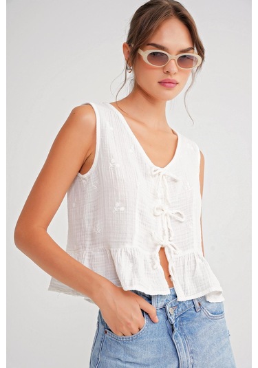 4724 Kadın Çicek Desenli Bağlamalı Müslin Bluz Ekru Ekru