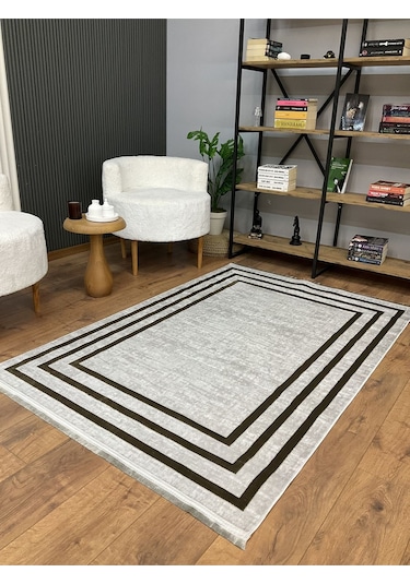 Saraz Halı Çerçeve Model Bambu Yıkanabilir Parlak Halı Kahve Çizgi Kahve-gri