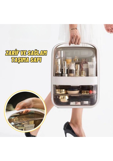 Makyaj Organizer Kozmetik, Fırça Ve Takı Düzenleyici Çok Amaçlı Masaüstü Makyaj Kutusu Bej