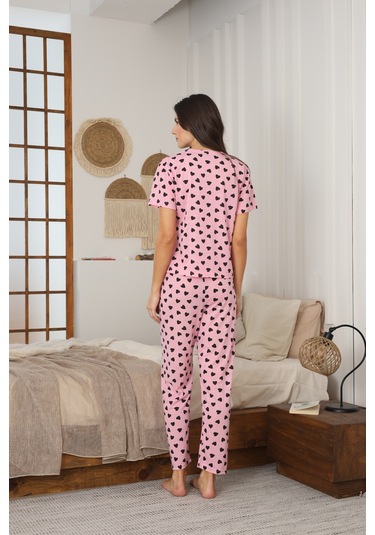 Kadın Yazlık Kısa Kol Penye Süprem Kumaş Pijama Takımı Pembe Siyah