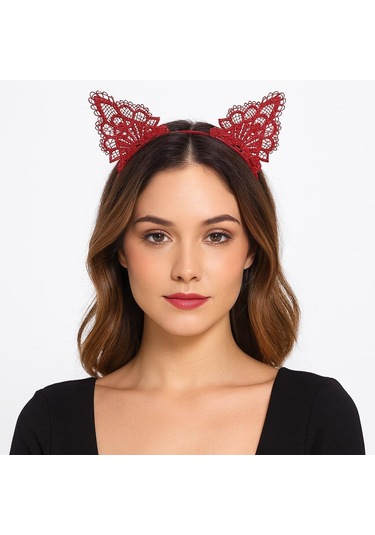 Dantelli Kırmızı Kedi Tacı - Vintage Tarz Dantel Kedi Kulak