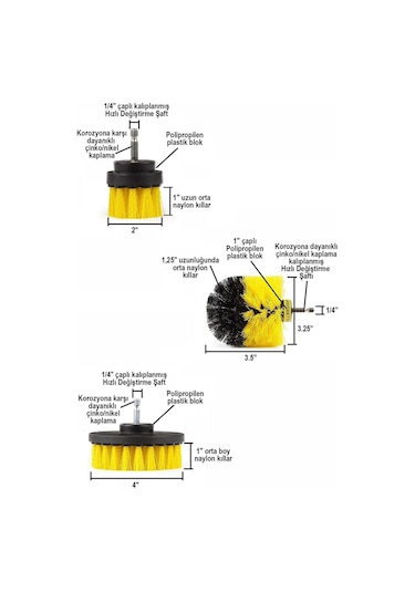 Matkap Ucuna Takılan 3 Lü Temizlik Fırça Seti Zorlu Kir Temizleme