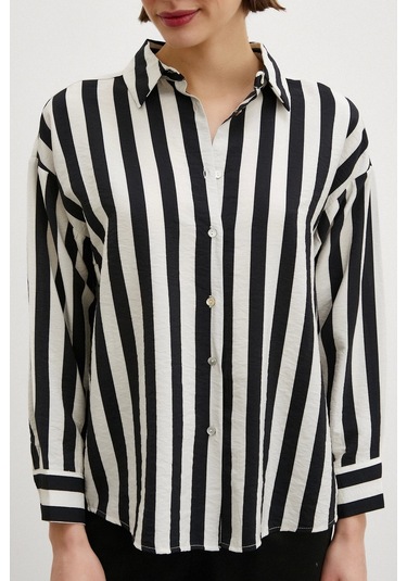 Never More Robalı Çizgili Gömlek Siyah