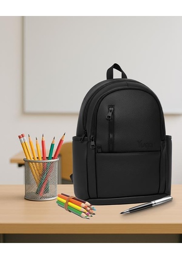 Yuga Suni Deri Dört Gözlü Sırt Çantası Siyah Siyah