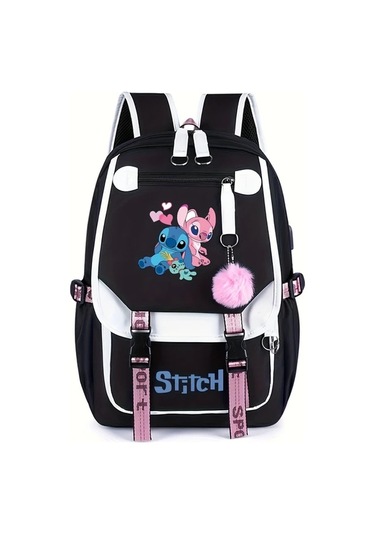 Honeybeeshop Disney Stitch Siyah 2 Büyük Kapasiteli Sırt Çantası Pembe Ve Siyah Tasarım Stitch Lilo İllüstrasyonlu Hafif Polyester Seyahat Çantası Siyah 2
