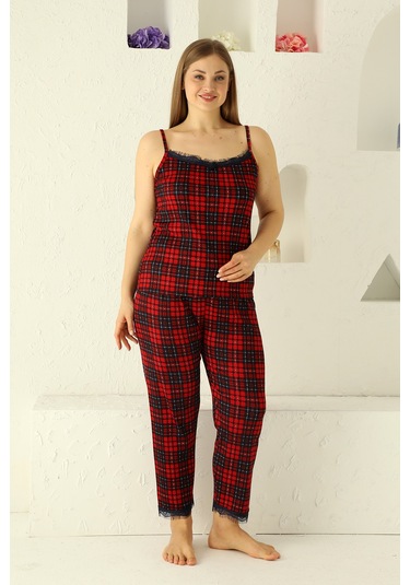 Sabahlıklı Dantel Detaylı Pegasus Kadın Pijama Takımı-çeyizlik Takım- Geniş Beden Aralığı Kırmızı