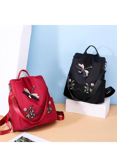 Kırmızı Yogodlns Nakış Dragonfly Su Geçirmez Sırt Çantası Kadın Oxford Omuz Çantası Rahat Seyahat Sırt Çantası Sırt Çantası Kırmızı