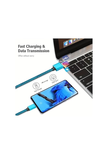 Oldfriend 2.4a Hızlı Şarj Usb-c Kablosu - Ultra/s23+/s22/s22+/s21 İçin Dayanıklı Nylon Örgülü Uzun Mavi 3m