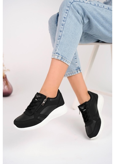 Muggo Asel Garantili Kadın Ortopedik Günlük Bağcıklı Yandan Fermuarlı Rahat Sneaker Spor Ayakkabı Siyah - Beyaz