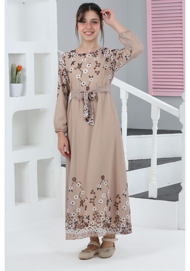 Kız Çocuk Astarlı Tam Boy Çiçek Desenli İç Göstermeyen Şık Ve Rahat Uzun Elbise Bej-beyaz