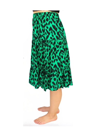 Nurören Viskon Kumaş Yeşil Siyah Leopar Desenli Midi Boy Kadın Şort Etek Leopar