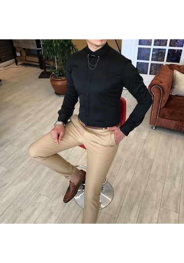 Italyan Kesim Slim Fit Erkek Saten Siyah Zincirli Gömlek T4090