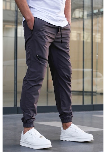 Madmext Füme Fermuar Detaylı Paraşüt Jogger Pantolon Füme
