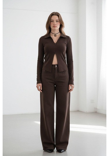 Kahverengi Polo Yaka Çift Fermuarlı Slim Fit Kadın Body Mg2652 Kahverengi