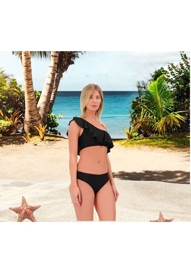 Shopiolog Kadın Düz Fırfırlı Tek Askılı Tek Omuzlu Bikini Haki