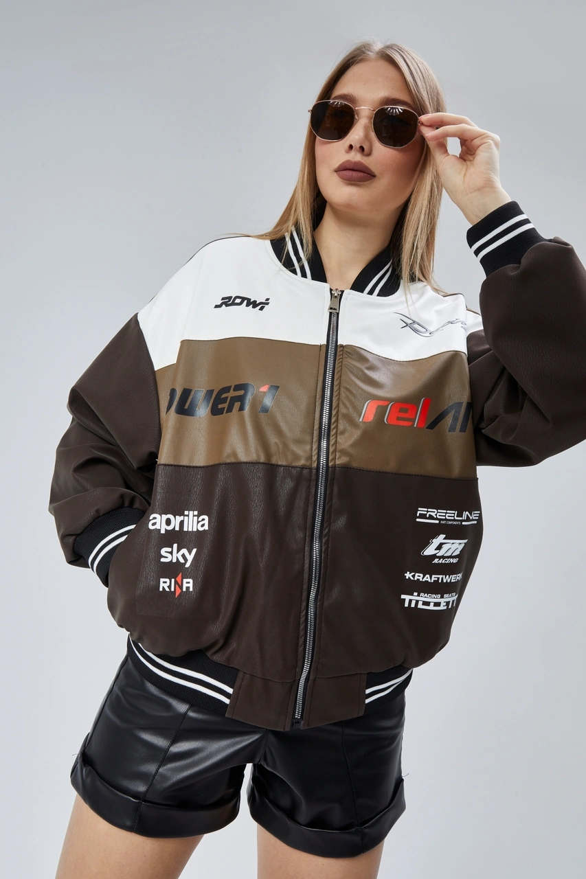 Kadın Oversize Baskılı Motorcu Yarışçı Montu Kolej Ceketi Kahverengi