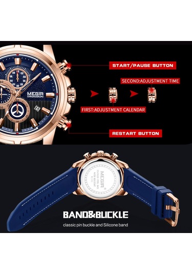 Megir 2101 İş Quartz Spor Erkek İzle 3atm Su Geçirmez Büyük Kadran Geniş Yüzlü Kol Saati Mikrosaniye Saniye Dakika Kronograf Alt Kadranlar Takvim Saat Erkekler İçin Silikon Kayış İle Çok Renkli