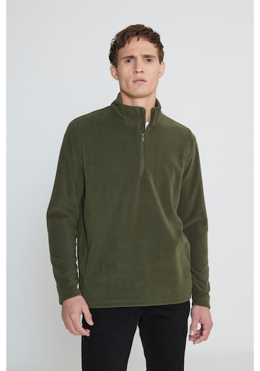 Anti-pilling Tüylenme Yapmayan Standart Fit Bato Yaka Soğuk Geçirmez Sweatshirt Polar Haki