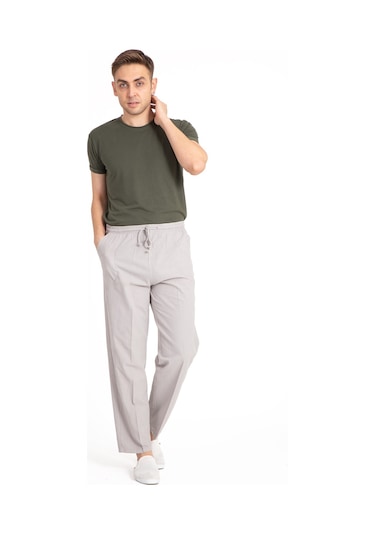 Erkek Ham Bez Lastikli Yüksek Bel Rahat Kalıp %100 Natural Pamuk Eşofman Alt Pantolon Alt Giyim 2188-Açık Gri