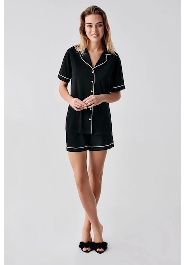 Feminight Freshness 324 Kadın 4'lü Sabahlıklı Şorlu Pijama Takımı Siyah