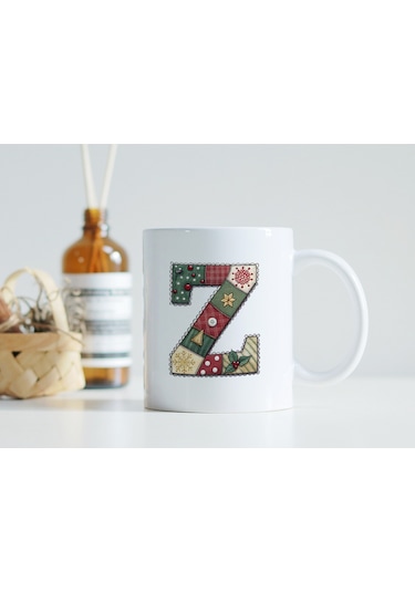 Z Harfi Yılbaşı Temalı Kupa Bardak - Yeni Yıl Konsept Yamalı Efekt Tasarım - Noel Hediye Beyaz