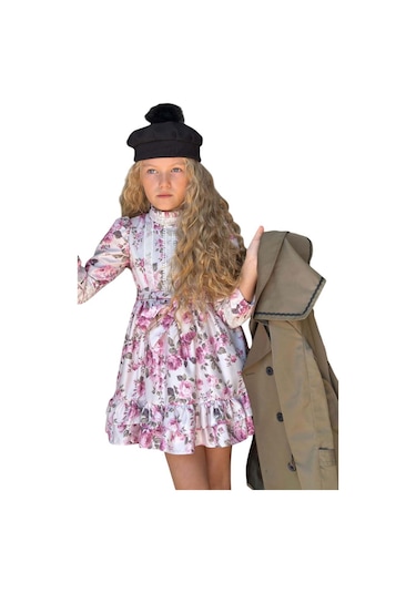 Riccotarz Kız Çocuk Üzeri Dantel İşlemeli Elbise Çift Cep Detaylı Kemerli Yeşil Trençkot Yeşil