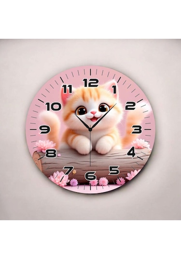 Kedi Renkli Baskı Çocuk Odası Desenli Sayılı Hediyelik Ahşap Sessiz Duvar Saati 50cm ÇOk Renkli