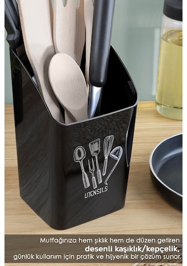 Tezgah Üstü Kaşıklık - Mutfak Organizer Düzenleyici Kepçelik Kaşık Bıçak Standı Siyah Beyaz - Siyah