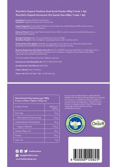 The LifeCo Organik Psyllium İçecek Tozu 240gr (4gr x 60 stick)