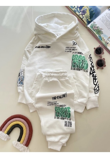 Unisex Çocuk Beyaz Renk Alt Üst Eşofman Takımı Graffiti Baskı Desen Beyaz