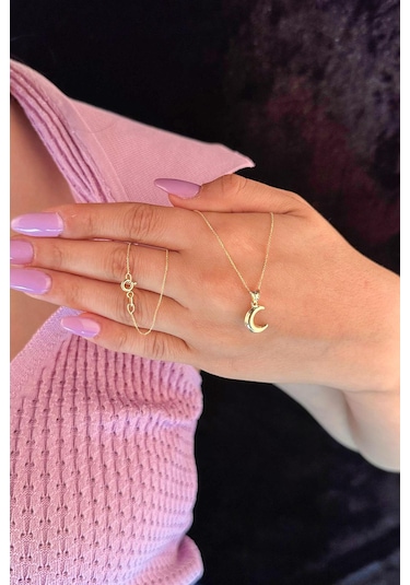 Fiyonk Kuyumculuk 14 Ayar Altın Hayalet Zincir Hilal Ay Uçlu Kolye 001