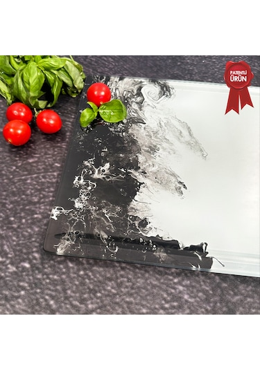 Kanallı Cam Kesme Tahtası - Black Wave - 25x35cm