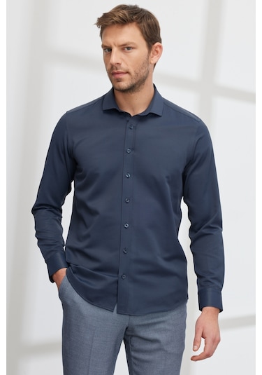 AC&Co / Altınyıldız Classics Erkek LACI Kolay Ütülenebilir Slim Fit Dar Kesim İtalyan Yaka Armürlü Gömlek Lacivert